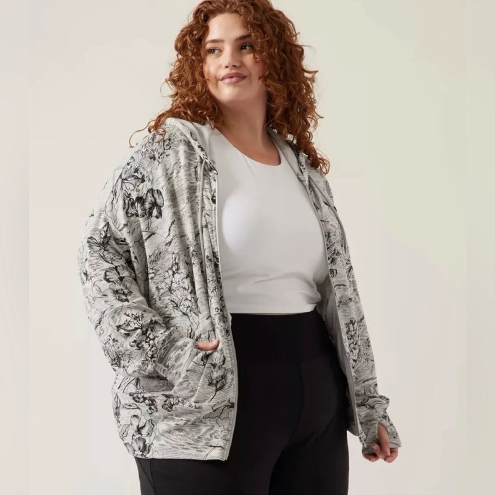 Athleta Balance Eden Floral Zipped Jacket Hoodie Sweatshirt Floral Gray Black